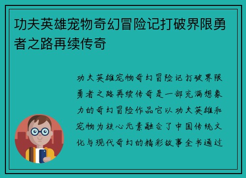 功夫英雄宠物奇幻冒险记打破界限勇者之路再续传奇 功夫英雄宠物奇幻冒险记打破界限勇者之路再续传奇